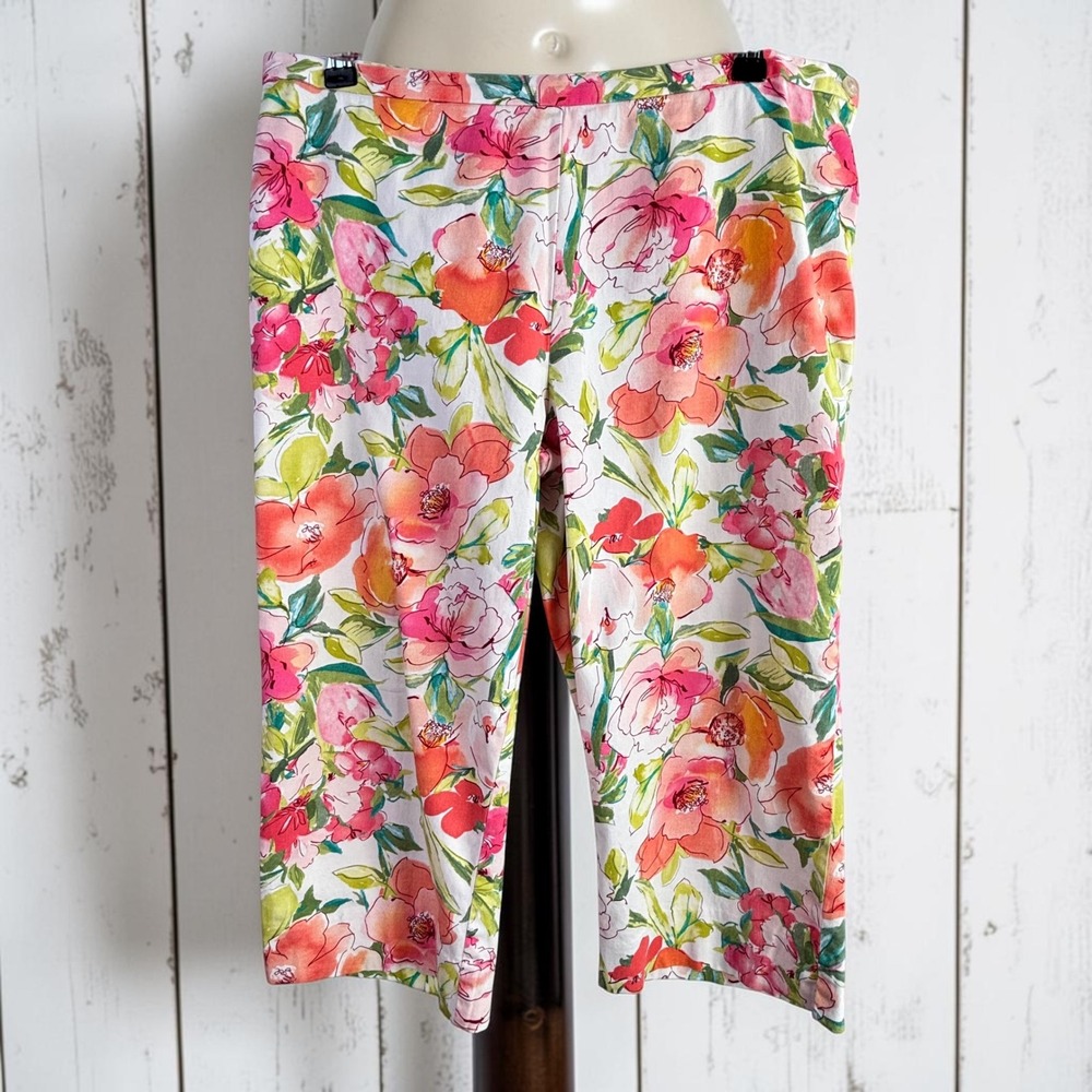 L Ralph Lauren Petite Floral Crop Pants Pink Orange White 14P Cotton Stretch